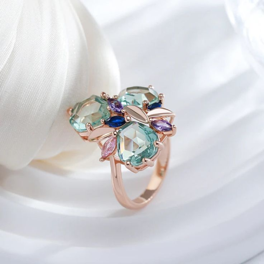 Bague en Or Rose avec Cristaux Verts, Bleus et Roses