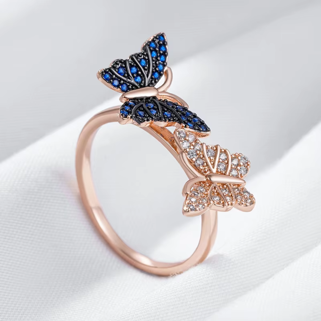 Bague en Or Rose avec Papillons et Cristaux Bleus