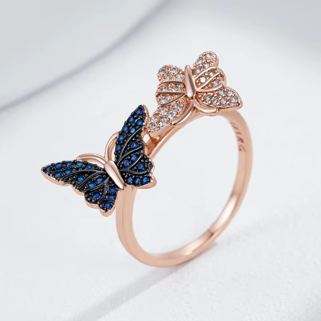 Bague en Or Rose avec Papillons et Cristaux Bleus