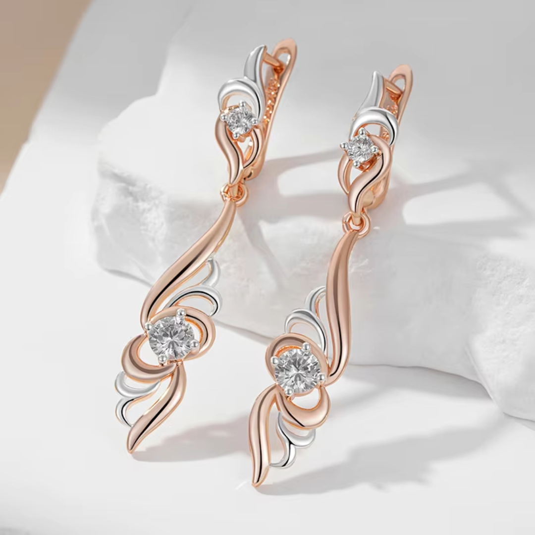 Boucles d’Oreilles Longues en Or Rose et Argent avec Cristaux