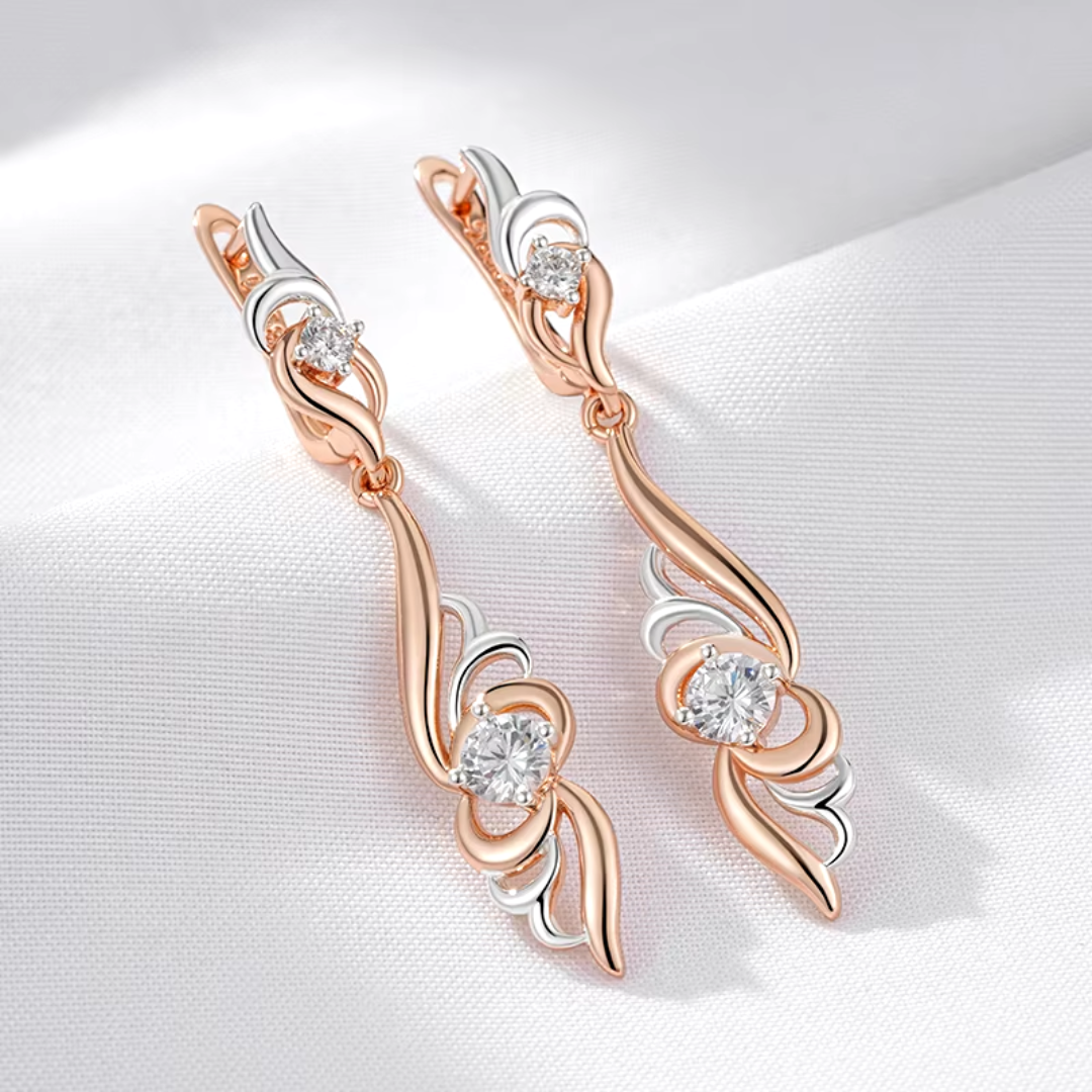 Boucles d’Oreilles Longues en Or Rose et Argent avec Cristaux