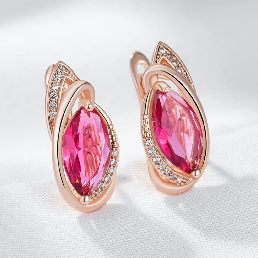 Boucles d'Oreilles en Or Rose avec Cristaux Rouges et Zirconias