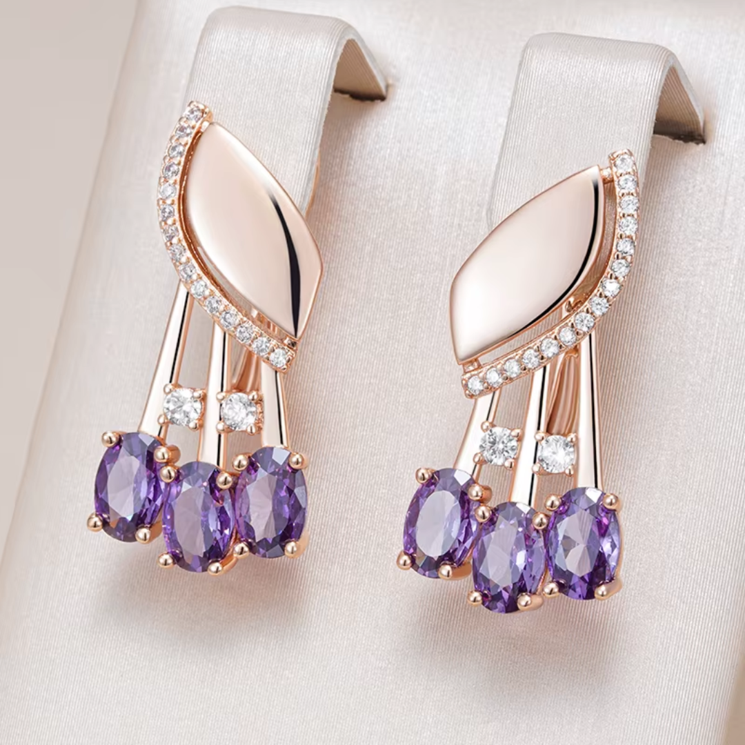 Boucles d'Oreilles en Or Rose avec Cristaux Violets