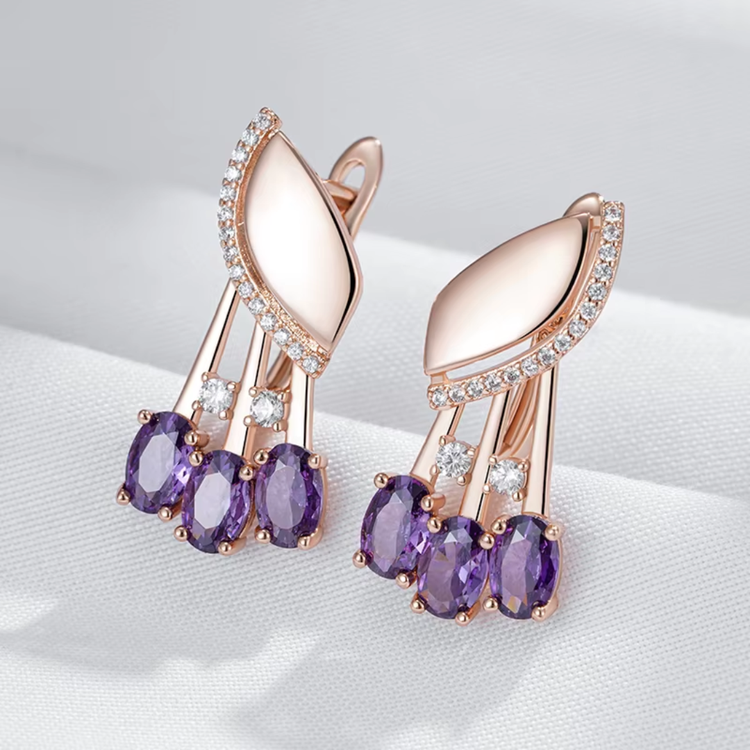 Boucles d'Oreilles en Or Rose avec Cristaux Violets