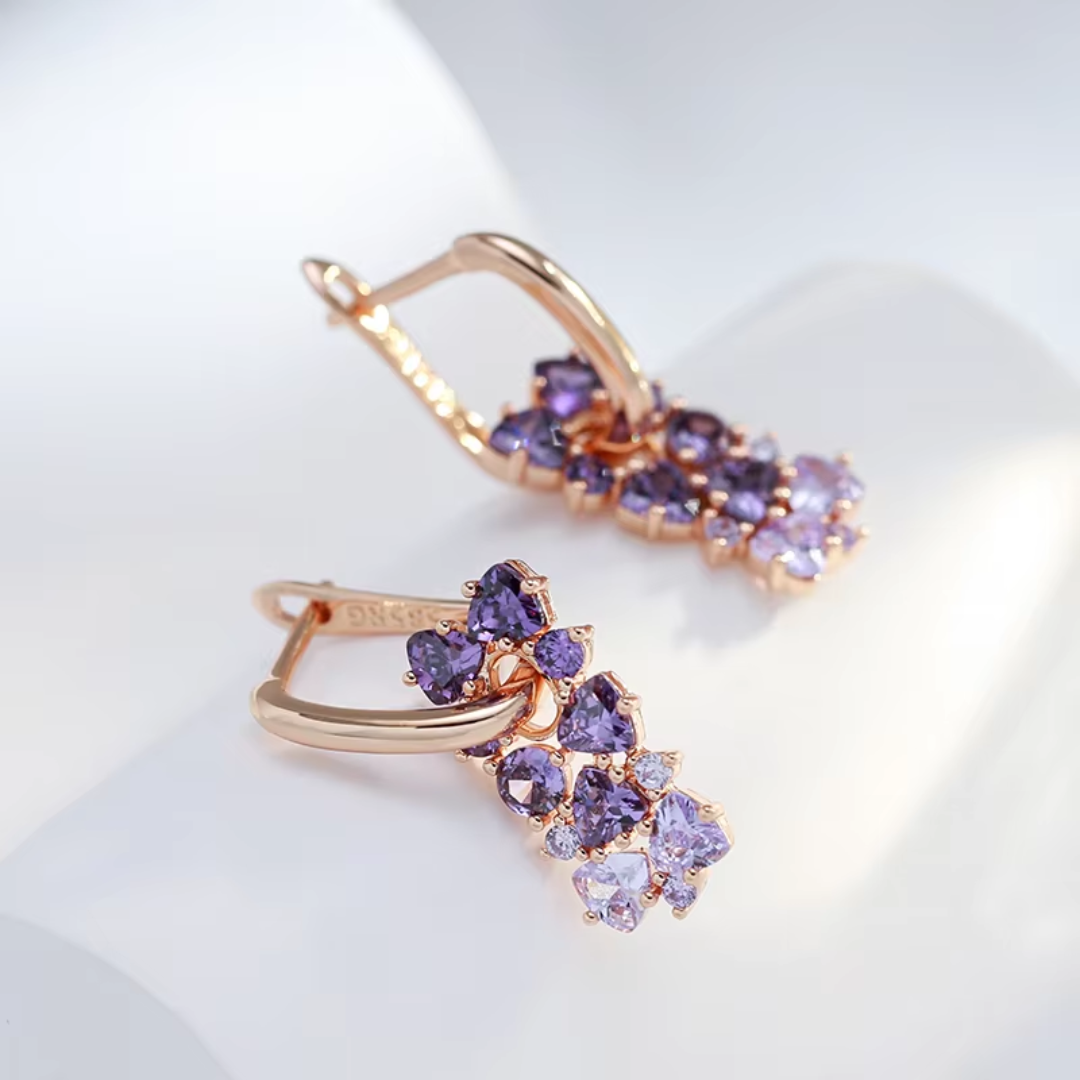 Boucles d'Oreilles en Or Rose et Cristaux Violets