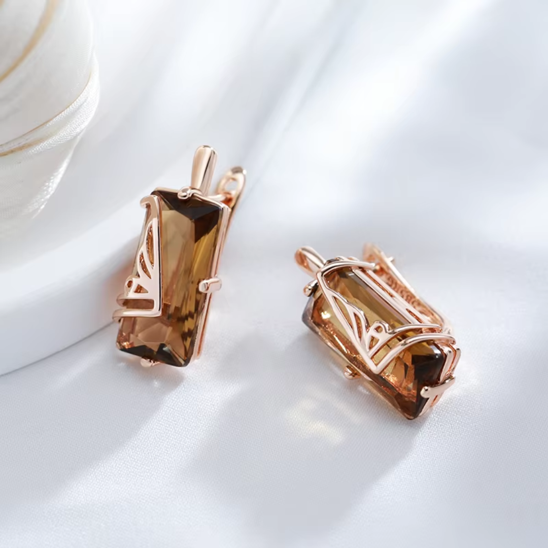 Boucles d’Oreilles en Or avec Cristaux Ambre Rectangulaires