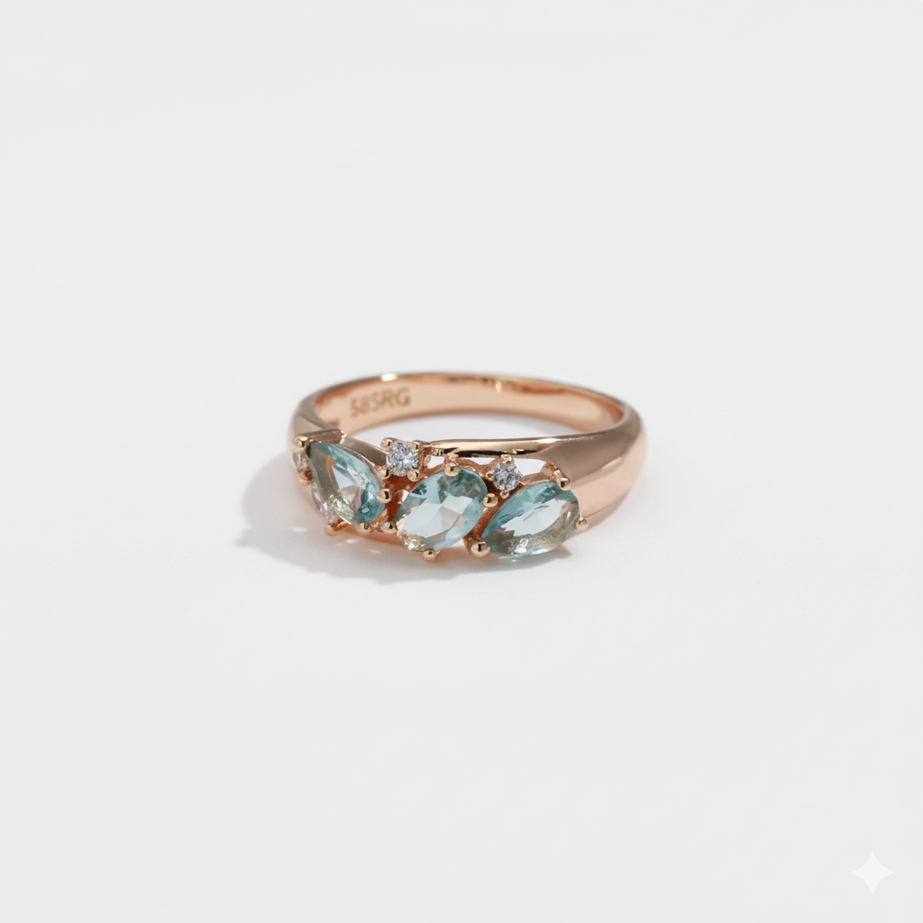 Bague en Or Rose avec Pierres Bleues et Cristaux Étincelants