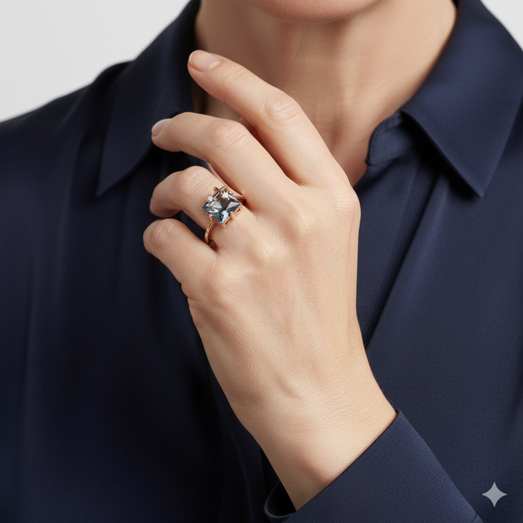 Bague Sophistication en Or Rose avec Cristal Bleu et Détails en Zircones